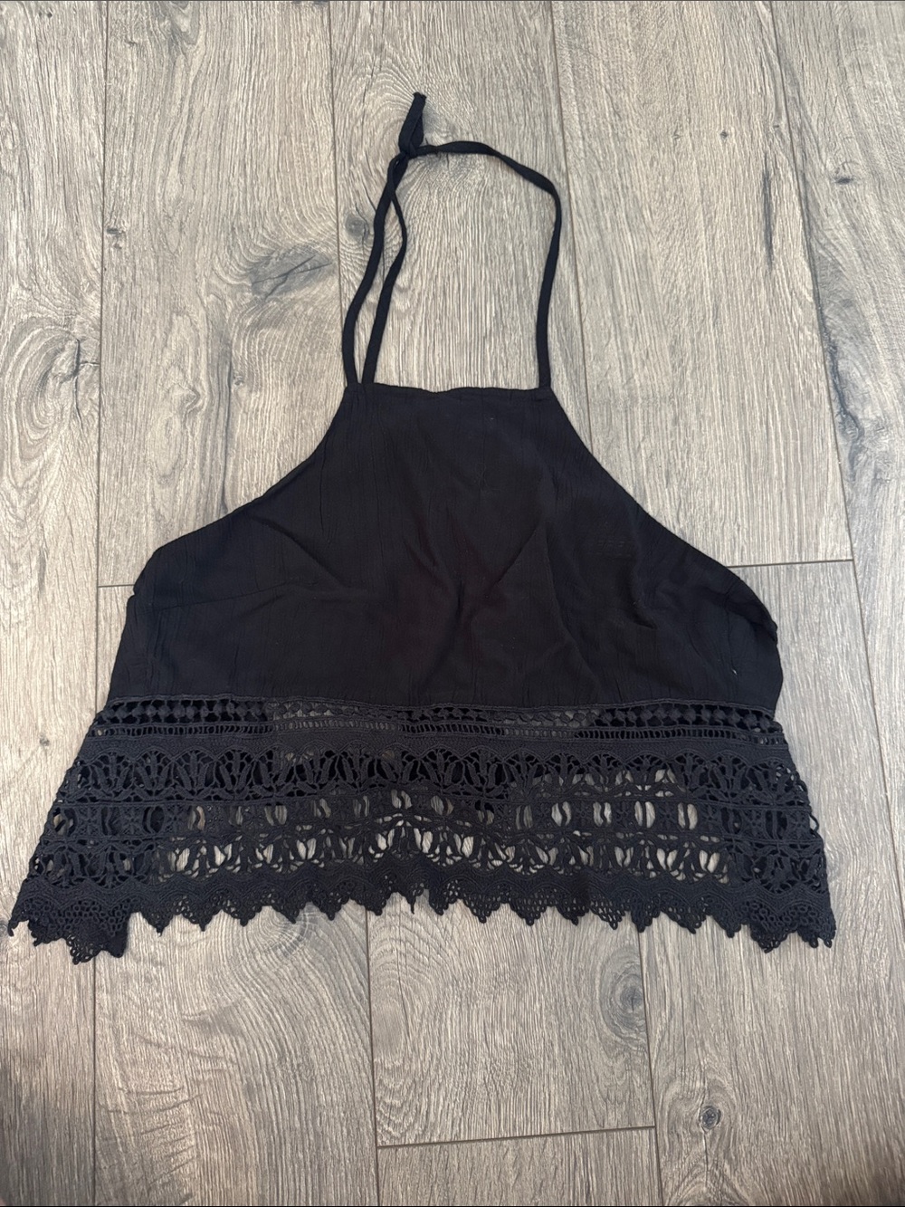 American Eagle Outfitters Black Crochet-Hem Halter Crop